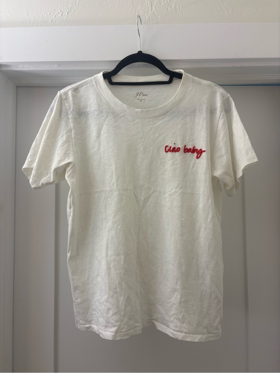 J. Crew Tops - J. Crew White Crewneck T-Shirt with Red "Ciao baby" Embroidery